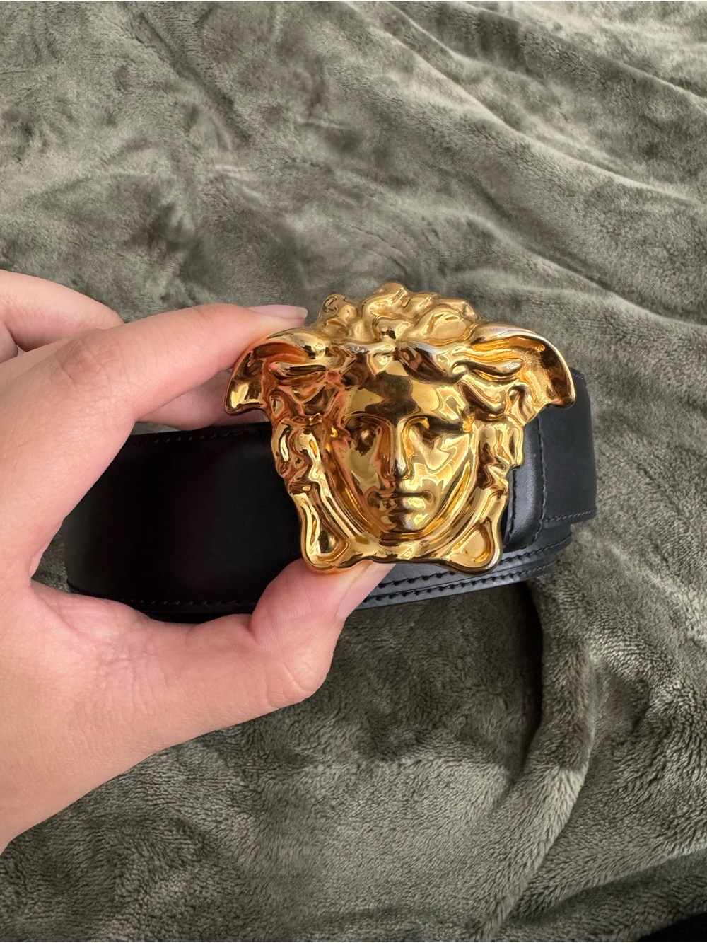Gold Medusa Buckle Black Leather Belt
